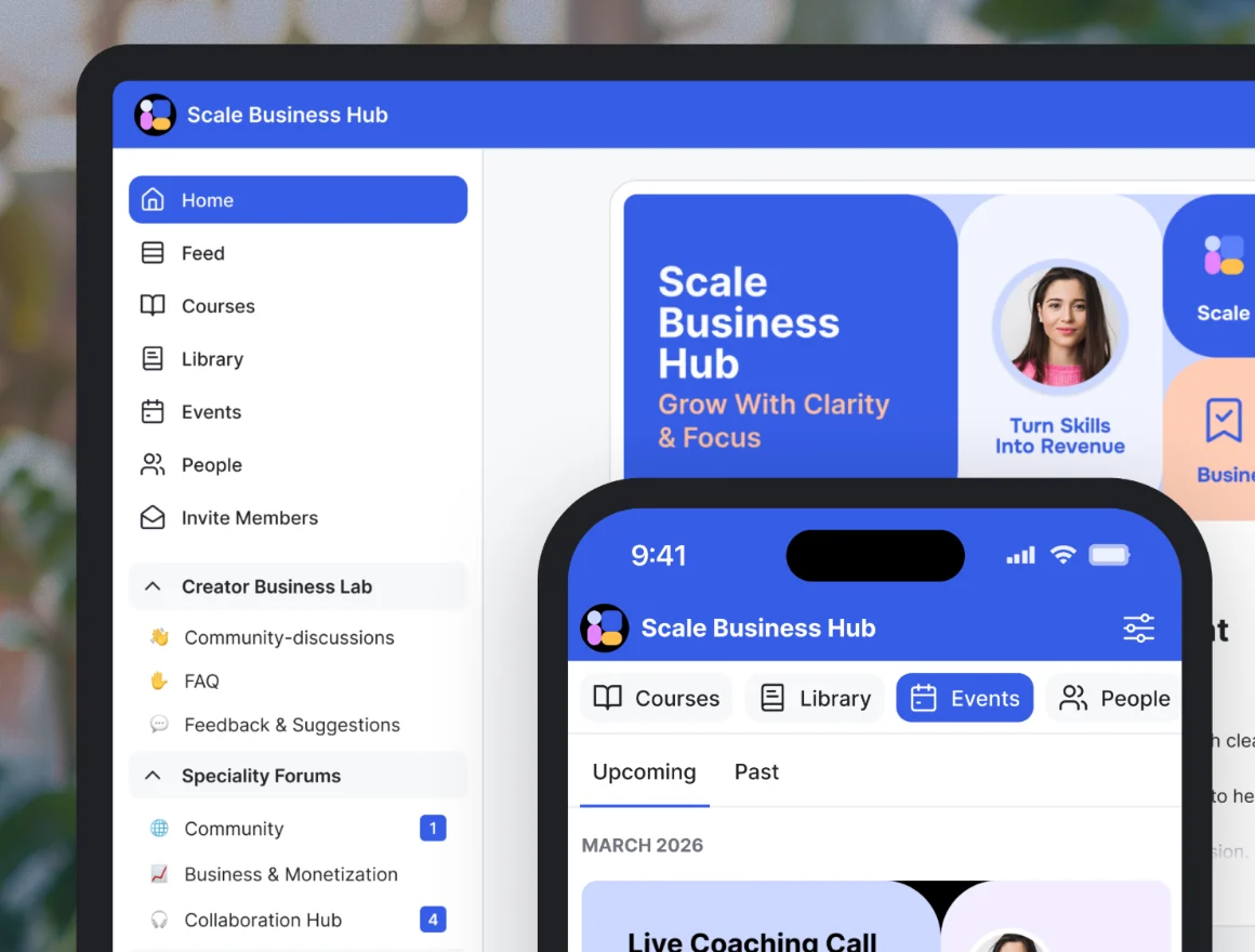 A GroupApp community open on a laptop, with the same program in the mobile app alongside it