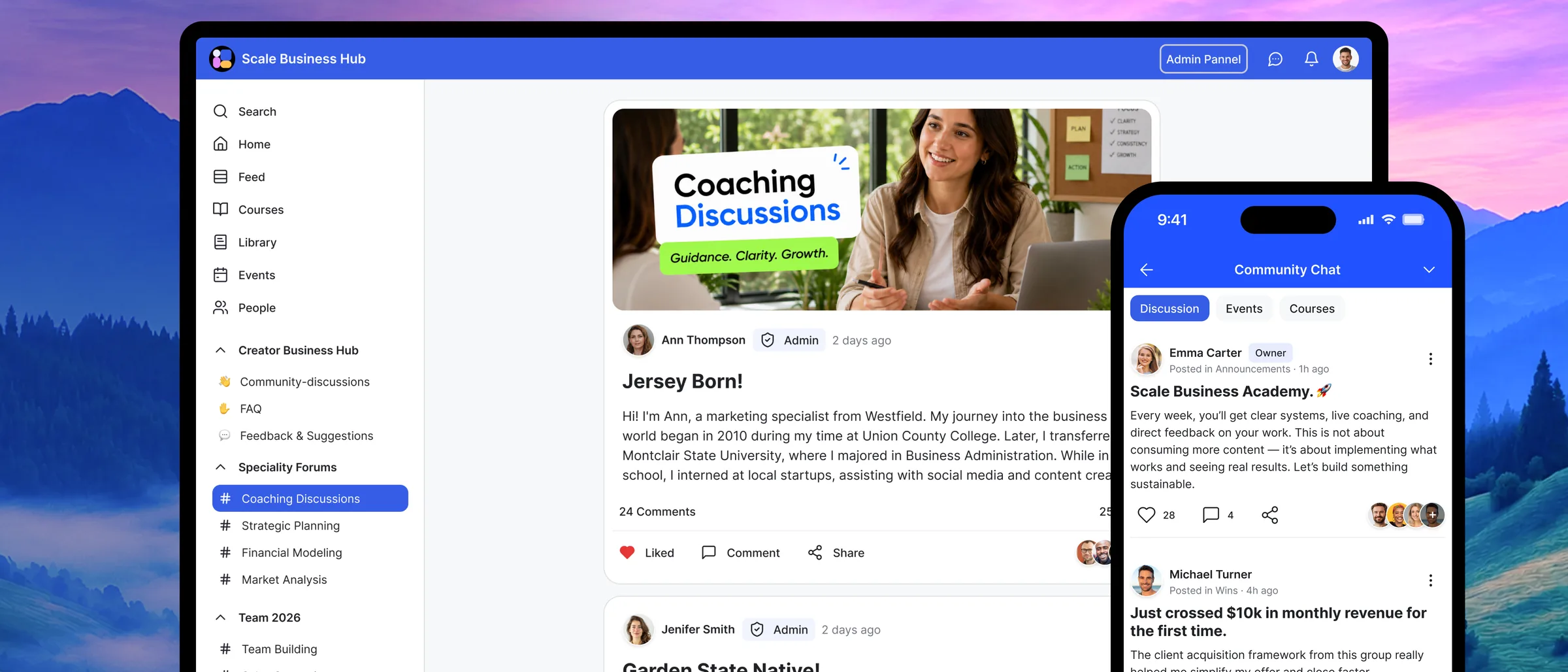 A GroupApp community on desktop with a discussions channel open and the same community on a phone alongside it