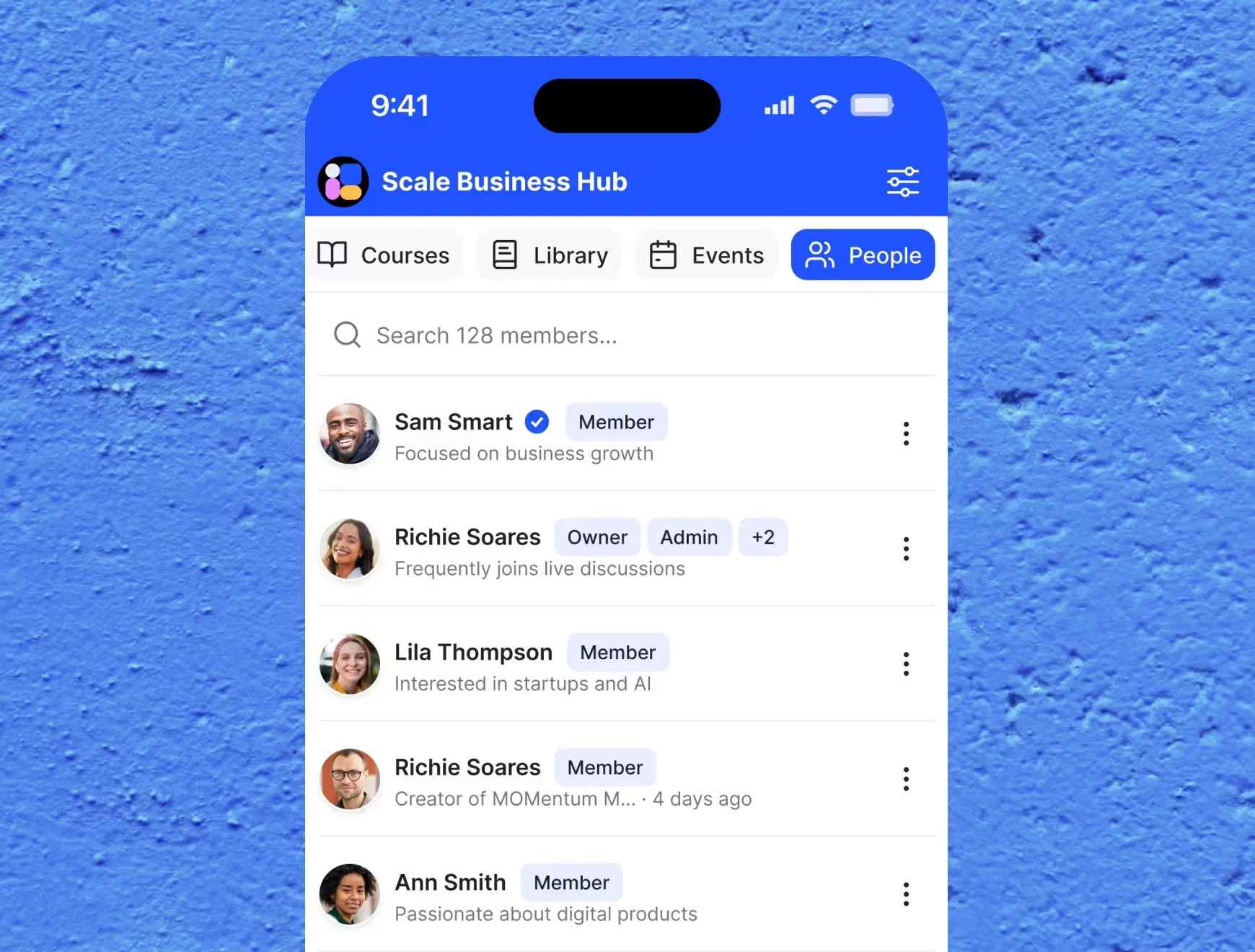 The people tab of a GroupApp mobile app, showing a searchable member directory with each member's role