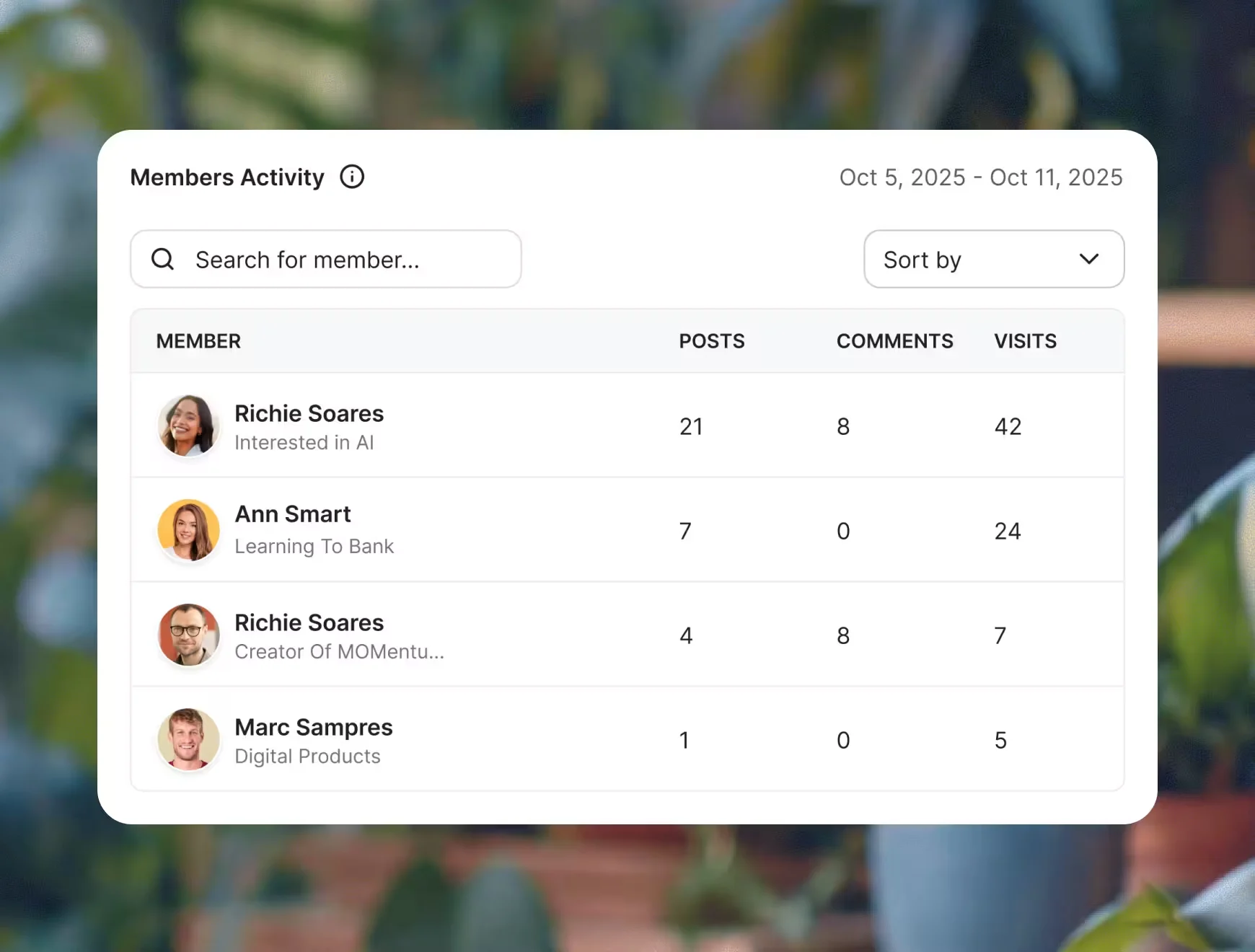 The members activity table in GroupApp, showing posts, comments and visits for each member