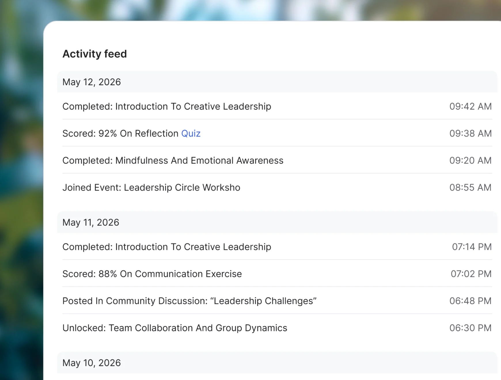A student activity feed in GroupApp listing lessons completed, quiz scores, events joined and content unlocked