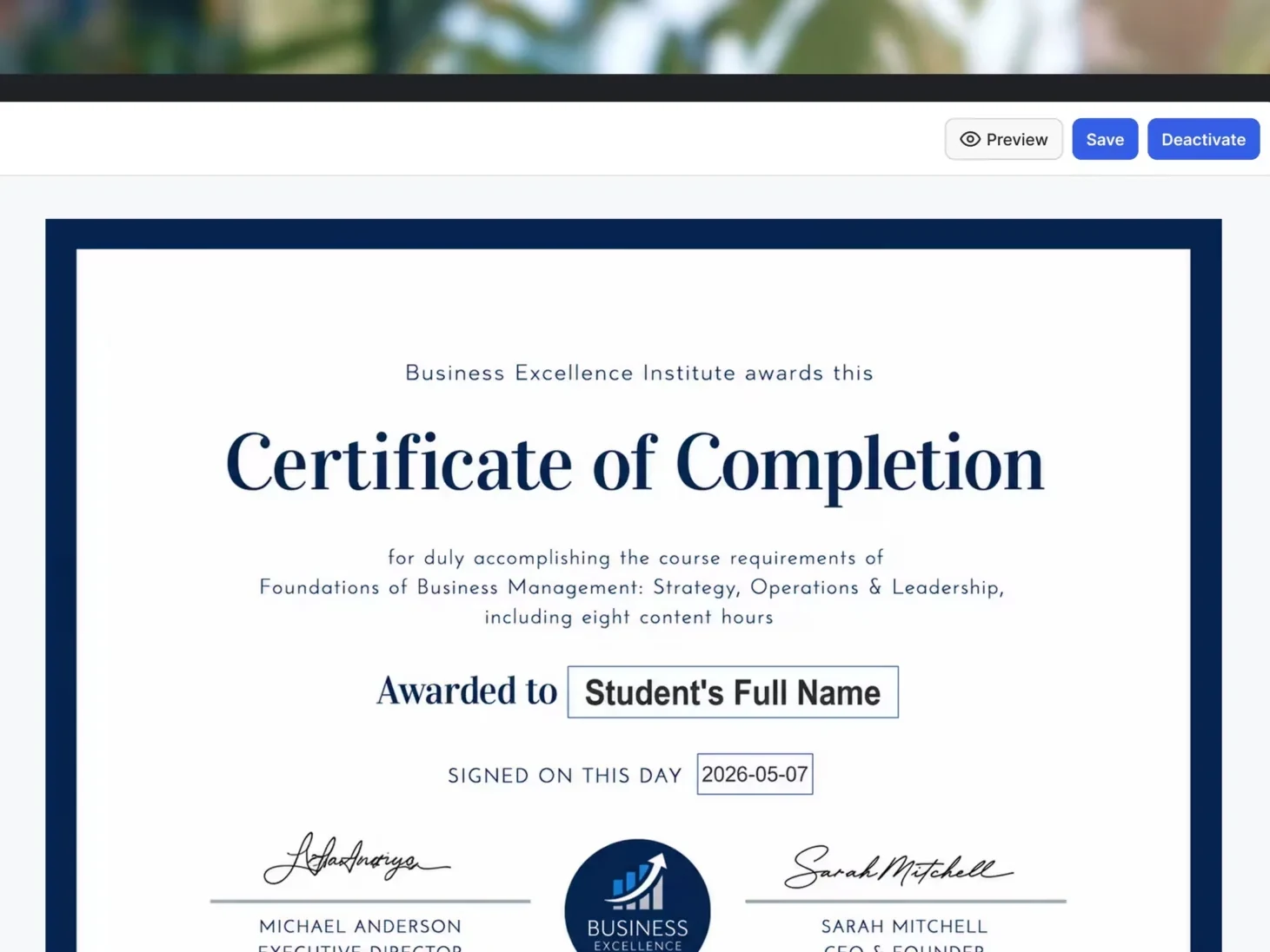The GroupApp certificate builder, with merge tags for the student name and completion date and a rule issuing the certificate when the course is completed