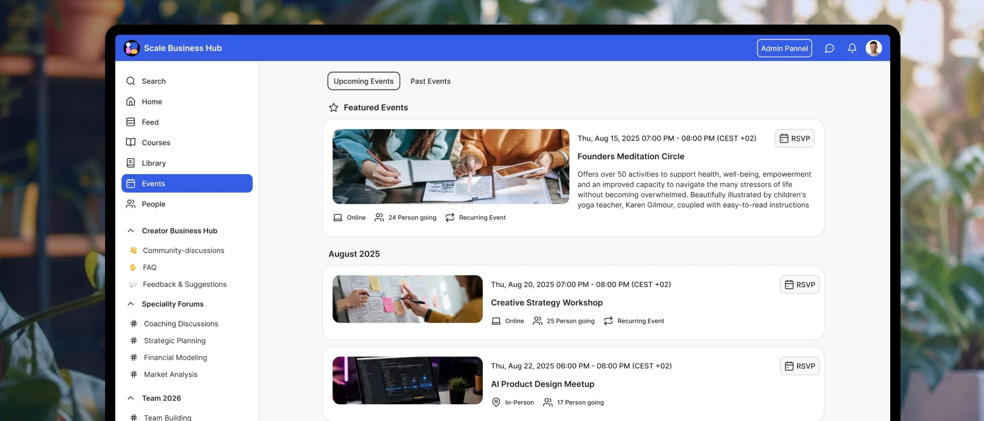 The events area of GroupApp, listing upcoming live sessions with their dates and attendees