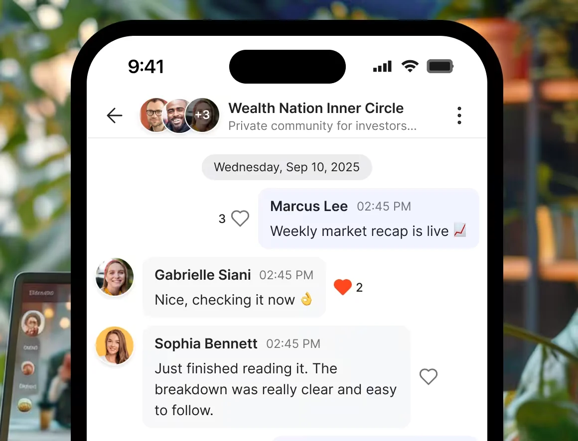 A GroupApp community chat on mobile, with members replying to a thread and reacting to messages