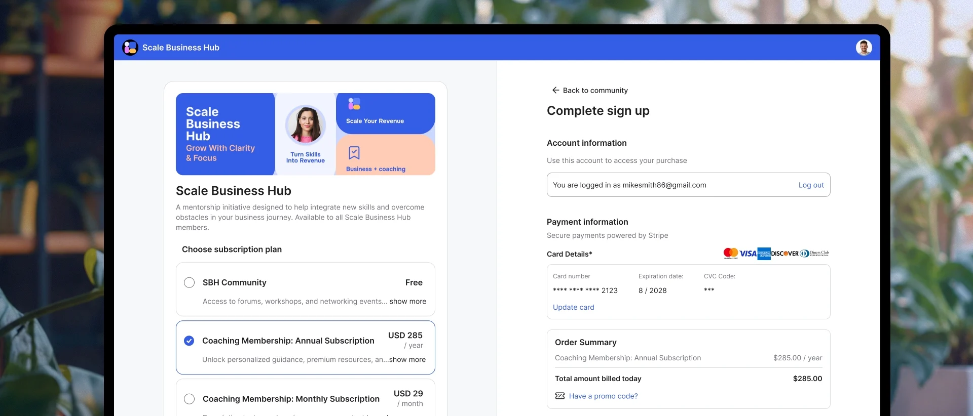 GroupApp member checkout with subscription plan selection and Stripe payment